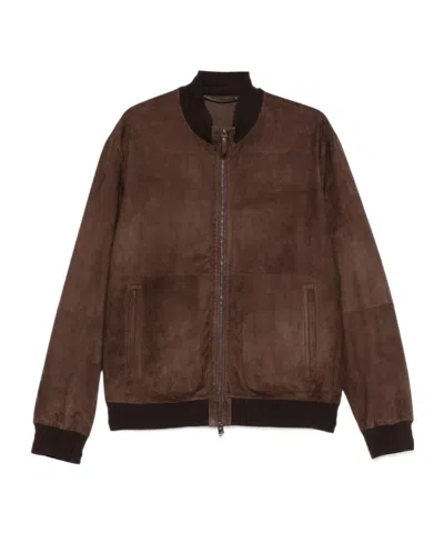 Canali Long-sleeved Leather Jacket In Brown