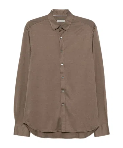 Canali Long-sleeve Cotton-blend Shirt In Brown