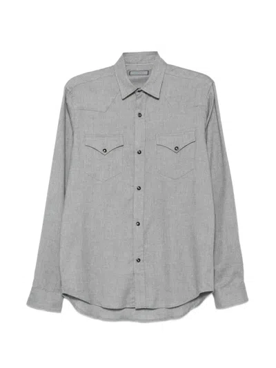 Canali Lyocell And Cotton-blend Herringbone Shirt In Gray