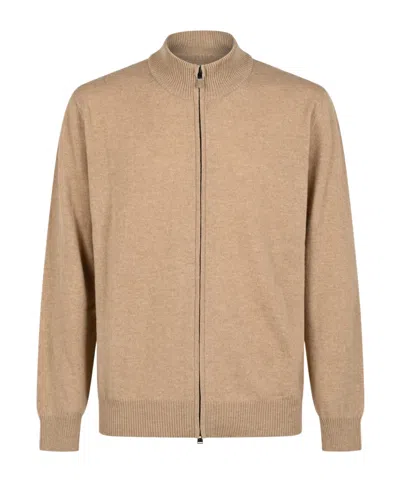 Canali Zip-up Ribbed-trim Cardigan In Brown
