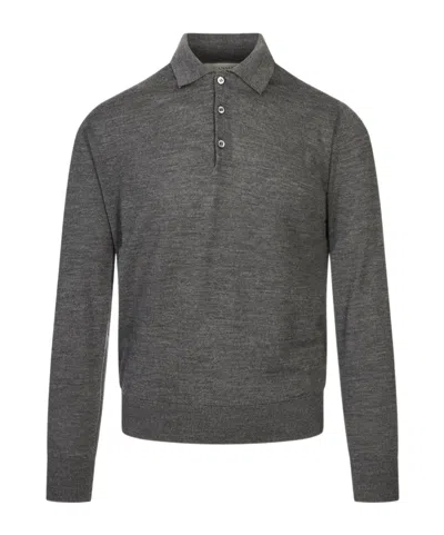Canali Long-sleeve Knitted Polo Shirt In Gray