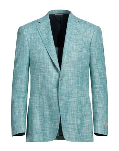 Canali Man Blazer Turquoise Size 38 Wool, Cotton, Silk, Linen In Blue