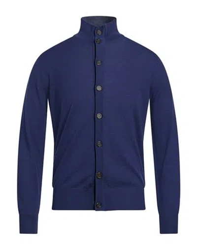 Canali Man Cardigan Blue Size 44 Wool, Leather