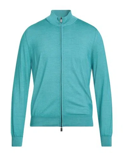 Canali Man Cardigan Turquoise Size 40 Wool, Silk In Blue