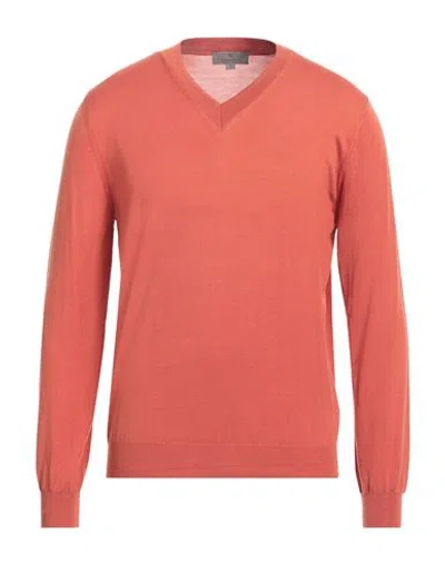 Canali Man Sweater Rust Size 40 Merino Wool In Red