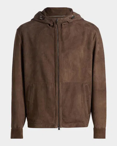 Canali Men & Apos;s Perforated Leather Full-zip Hooded Blouson In Blue