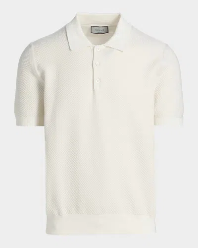 Canali White Microstructured Cotton Polo Shirt With Plain-knit Collar