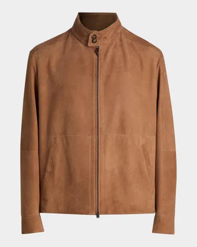 Canali Zip-up Stand-collar Leather Jacket In Brown