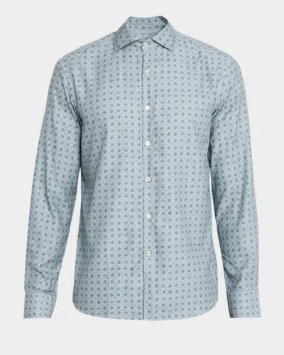 Canali Men's Cotton And Lyocell Geometric-print Sport Shirt In Blue