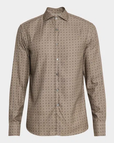 Canali Men's Cotton And Lyocell Geometric-print Sport Shirt In Brown