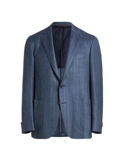 Canali Men's Denim Herringbone Patch Jacket In Blue