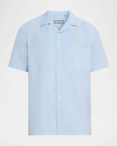 Canali Men's Linen And Cotton Pocket Camp Shirt In Blue