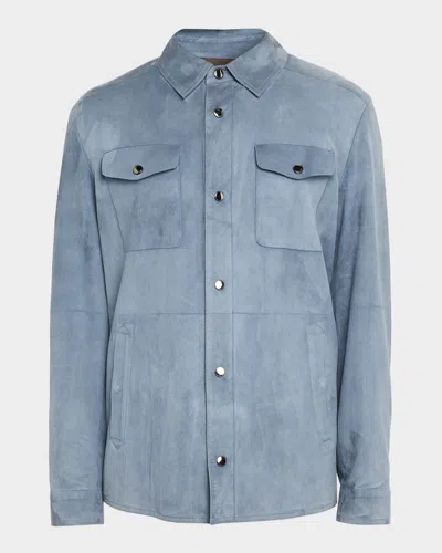 Canali Men's Nuvola Suede Snap-front Overshirt In Blue
