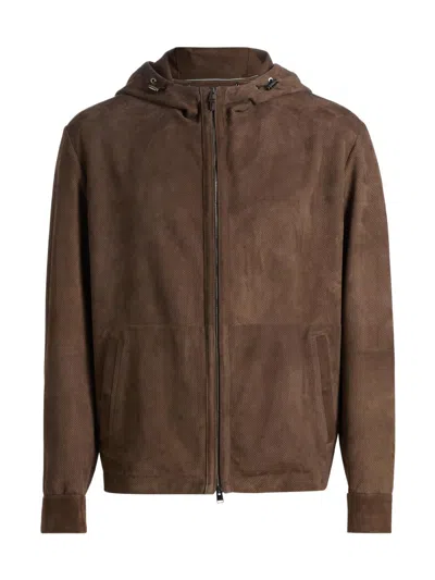 Canali Men's Perferated Suede Hooded Jacket In Brown
