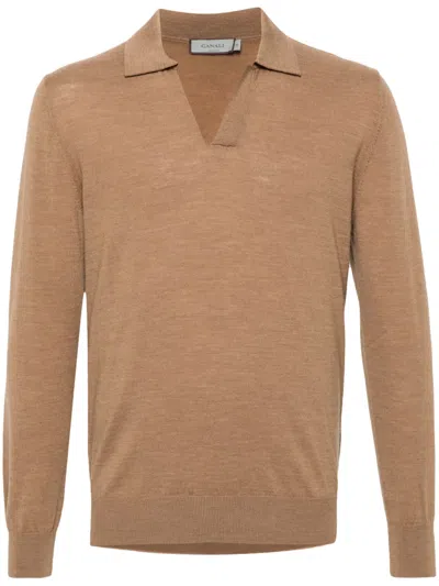 Canali Merino Wool Polo Shirt In Brown