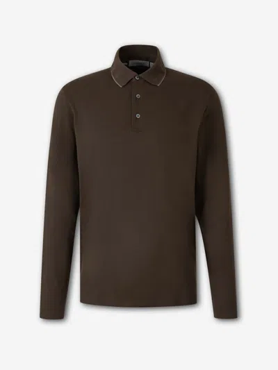 Canali Long-sleeve Ribbed-trim Polo Shirt In Brown