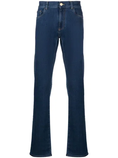 Canali Logo-patch Slim-cut Jeans In Blue