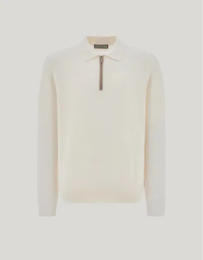 Canali Milk-colored Wool And Cashmere Zippered Polo Shirt With Nubuck Details In Multi
