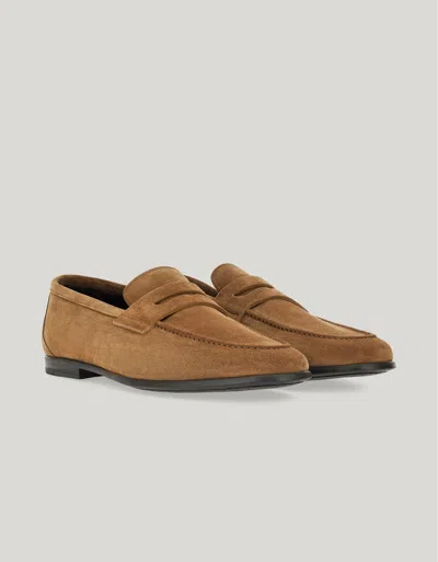 Canali Mocassins Penny En Daim Avec Semelle En Gomme Effet Cuir In Brown