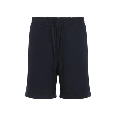 Canali Navy Blue Linen Bermuda In Animal Print