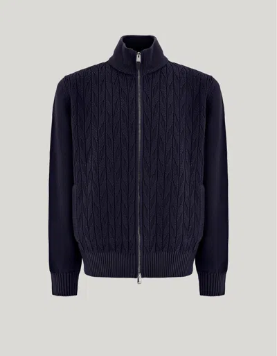 Canali Navy Blue Macro-structured Wool Zippered Cardigan