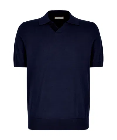 Canali Navy Blue Polo Shirt In A Cotton Blend With Suede Details In Black