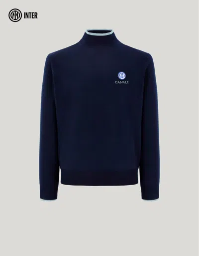 Canali Navy Blue Pure Wool Mock Neck Sweater With Ribbed Details - Inter Collection