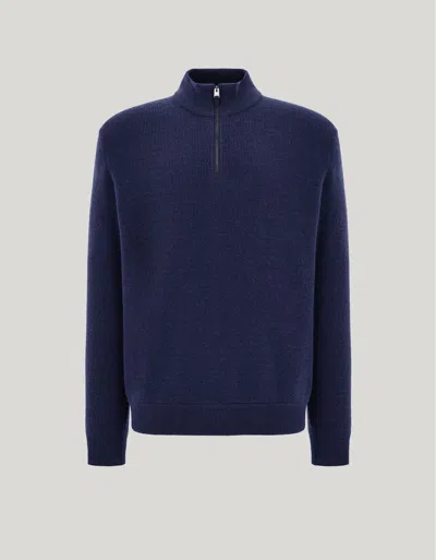 Canali Navy Blue Wool And Cashmere Zippered Mock Neck Sweater With Nubuck Inserts In Brown