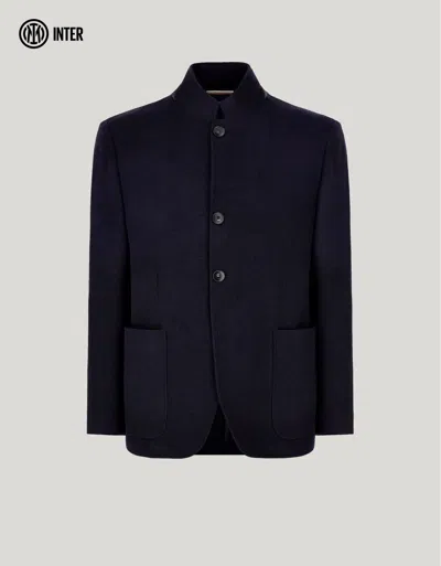 Canali Navy Blue Wool And Cotton Jacket With Stand-up Collar - Inter Collection