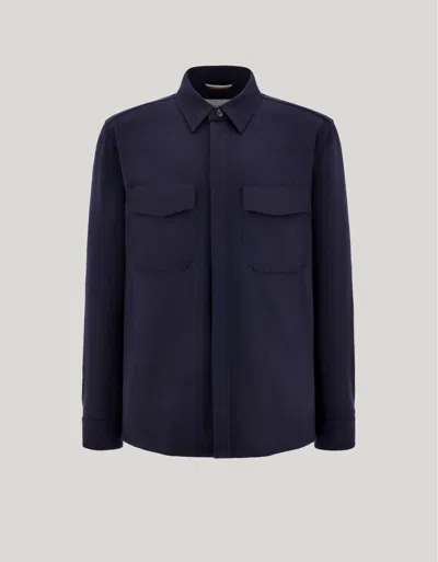 Canali Navy Blue Wool Flannel Relaxed-fit Overshirt