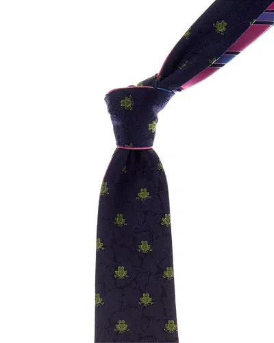 Canali Navy Frogs/pink & Blue Stripes Reversible Silk Tie