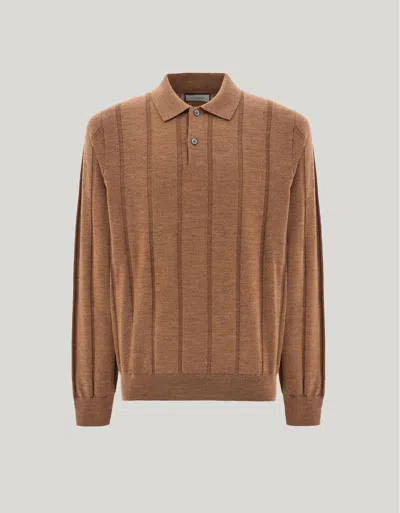 Canali Ocher Merino Wool Structured-rib Polo Shirt In Brown