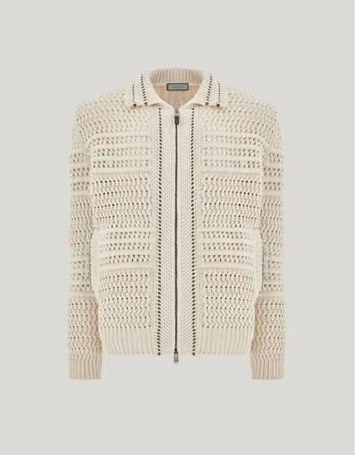 Canali Off-white Cotton Crochet Cardigan With Zipper In Neutral