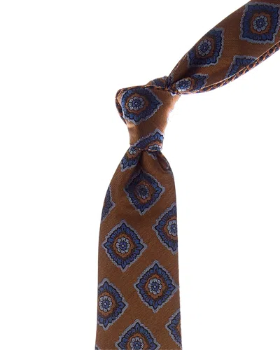 Canali Orange Check/medallion Reversible Silk Tie In Brown