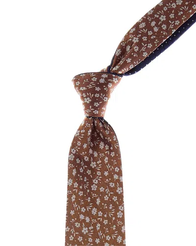Canali Orange Floral/navy Squares Reversible Silk Tie In Multi