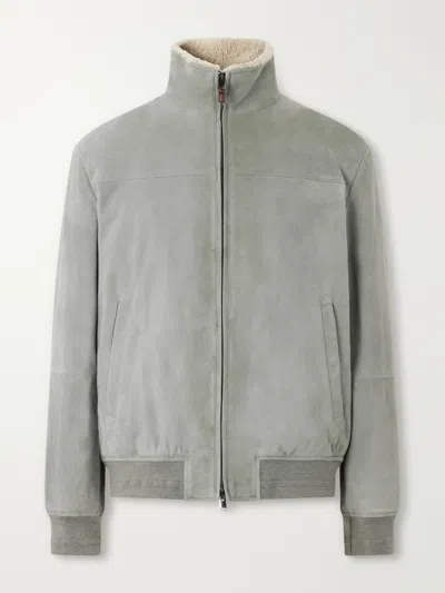 Canali Padded Shearling-trimmed Suede Bomber Jacket In Green