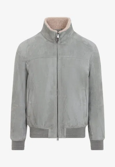 Canali Padded Shearling-trimmed Suede Bomber Jacket In Green