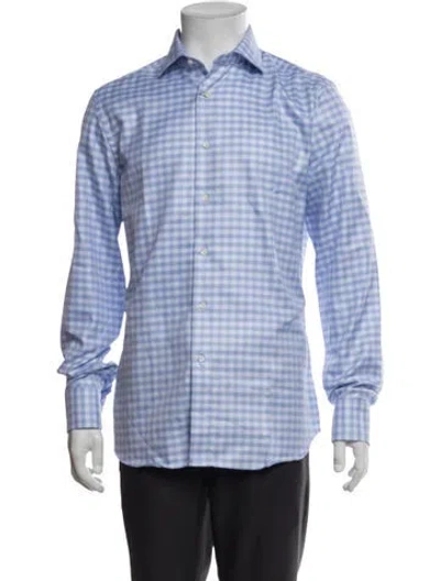 Pre-owned Canali Plaid Print Long Sleeve Button-up Top W/ Tags In Blue