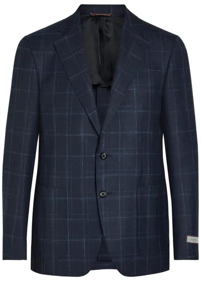 Canali Plaid Wool-blend Blazer In Blue