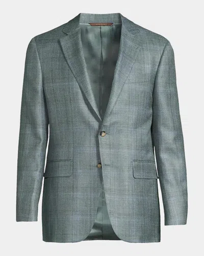 Canali Plaid Wool-silk-linen Sport Coat In Green