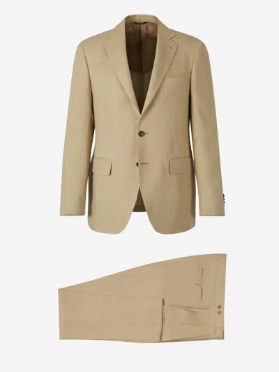 Canali Plain Linen Suit In Beige