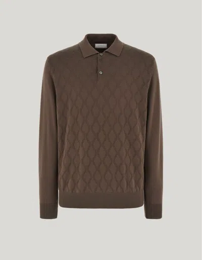 Canali Polo À Boutons Avec Texture En Losange Sur Le Devant Et Fausses Coudières, Manches Et Au Dos En Jers In Brown