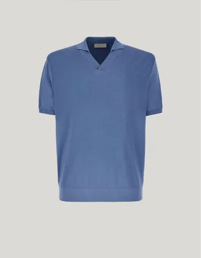 Canali Polo À Col Ouvert Et Manches Courtes En Jersey De Coton Et Soie Couleur Bleu Avio In Blue