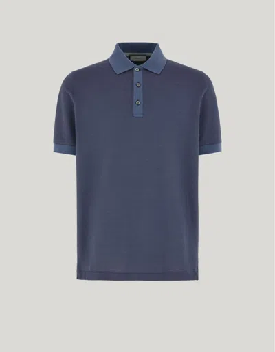 Canali Polo Boutonné À Manches Courtes En Piqué De Soie Mélangée. Bleu Avio In Blue