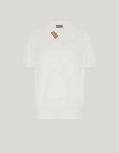 Canali Polo En Polycoton Blanc Cassé Avec Détails En Daim In Brown