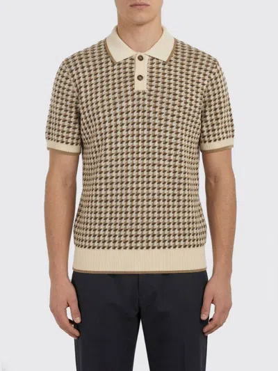 Canali Beige Short-sleeved Linen And Silk Jacquard Polo Shirt With Houndstooth Pattern In Multi
