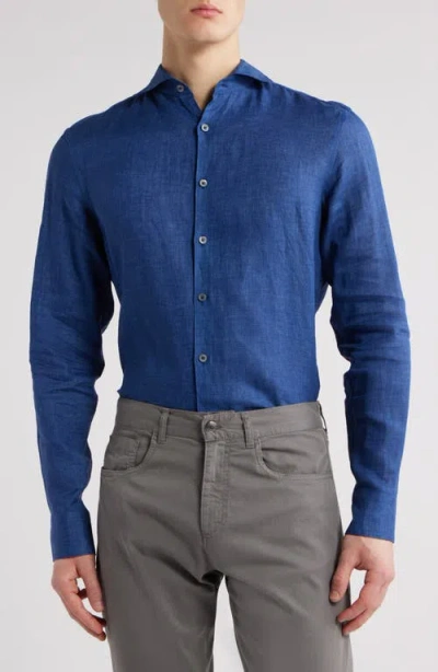 Canali Regular Fit Linen Dress Shirt In Blue