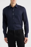 Canali Regular Fit Navy Brushed Cotton Blend Herringbone Button-up Shirt In Blue