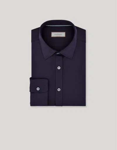 Canali Regular Fit Shirt In Navy Blue Cotton Jersey And Lyocell In Purple