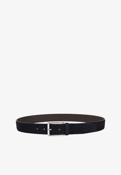 Canali Reversible Leather Logo Belt In Black